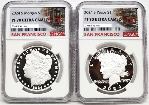 2 coin set 2024 morgan peace proof silver dollars ngc pf 70 uc sf trolley