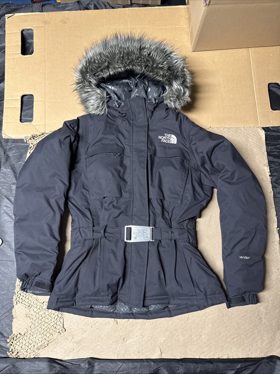 THE NORTH FACE Size Womens Small Goose Down Hyvent Black Jacket Coat Belted