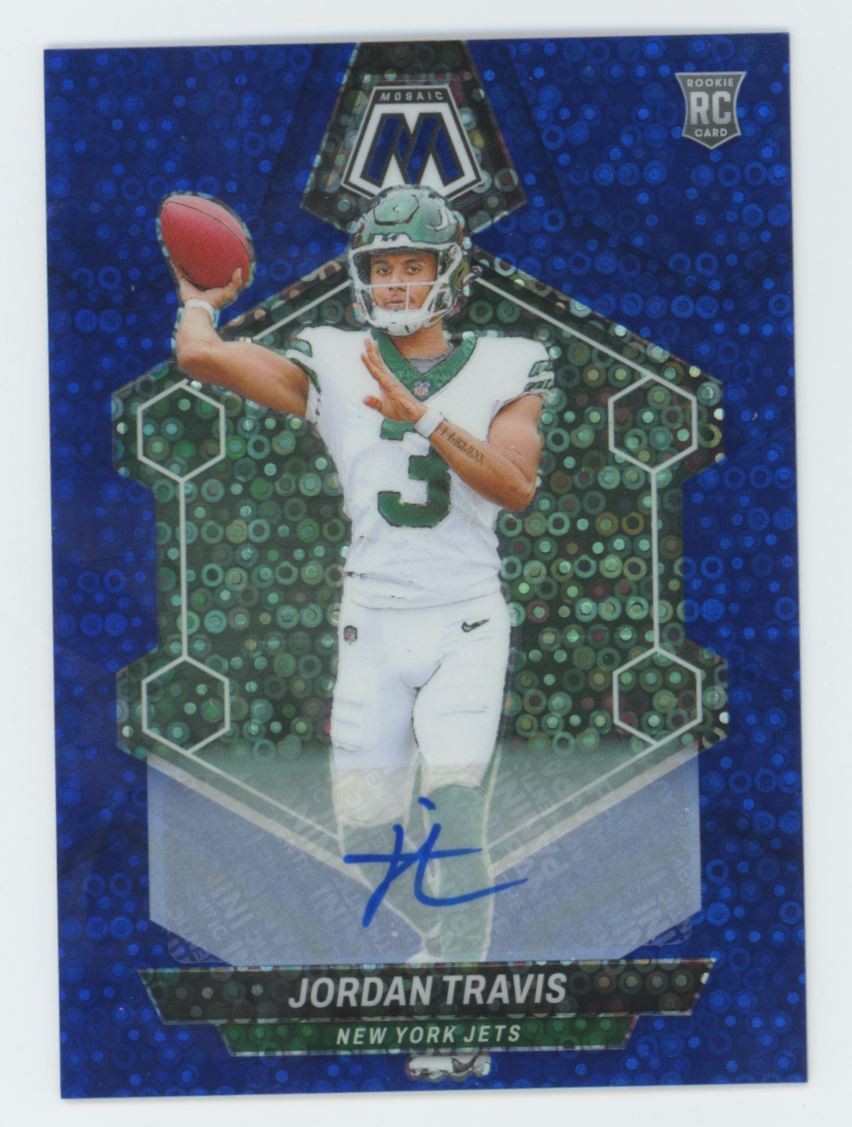 2024 Panini Mosaic Rookie Autographs No Huddle Blue Jordan Travis Auto New York