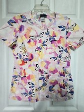 Cherokee Scrub Top Size S-VIBRANT Pink/Pastel Butterflies-Chest 20"/L 25"