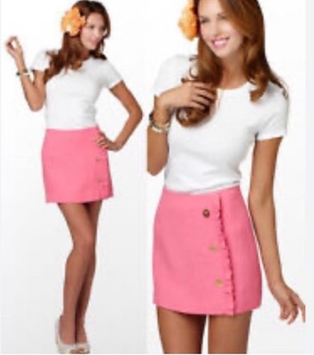   Lilly Pulitzer Hayes Ruffle Linen Mini Skirt Hotty Pink Gold Buttons Size 2