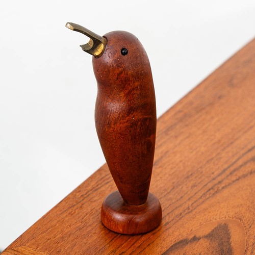 Mid Century Modern Bottle Opener Solid Teak Bird Brass Figurine Danish Vintage