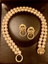 Kenneth Jay Lane Double Strand Faux Pearl Lion’s Head Necklace & Match Earrings