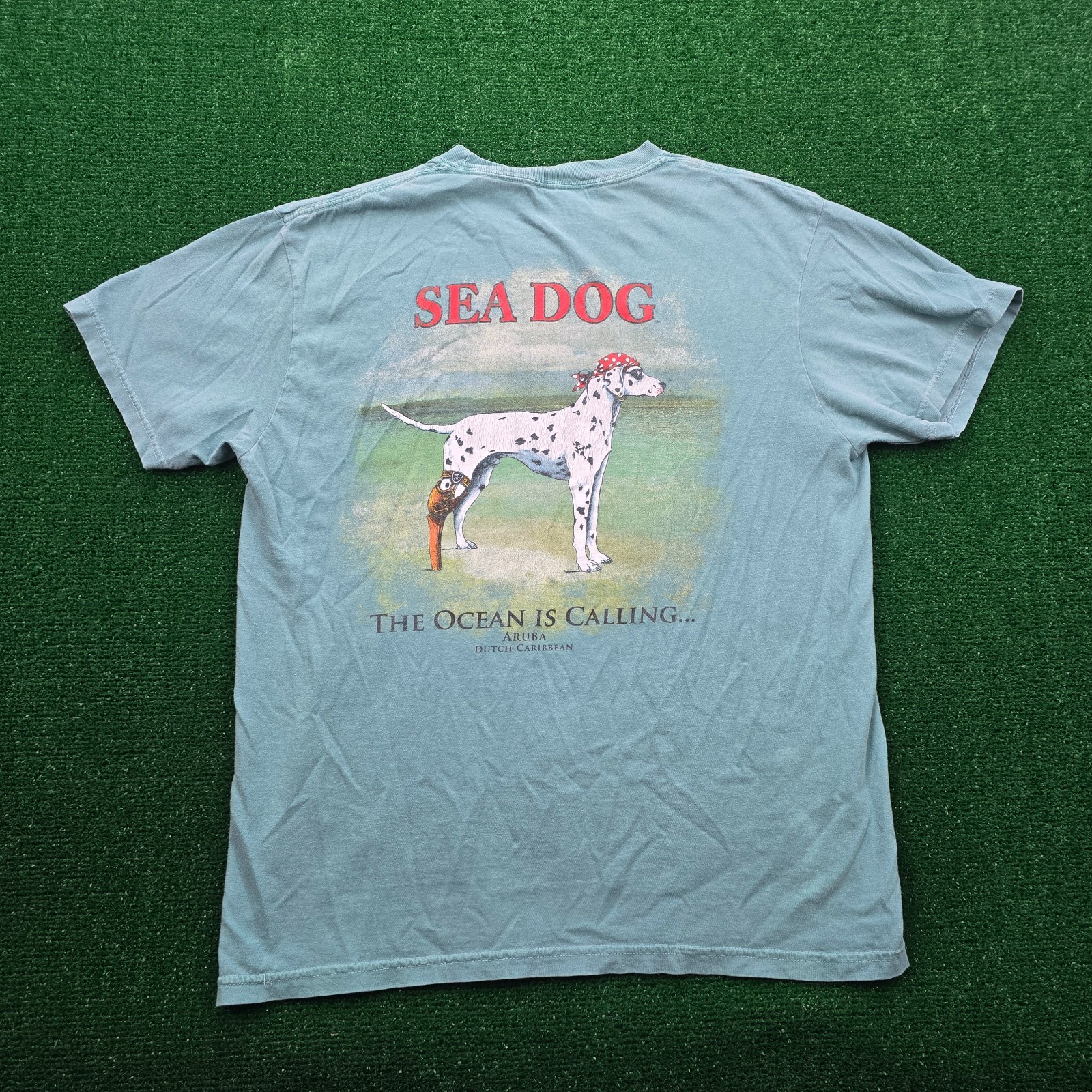 Sea Dog Tshirt Mens Large Green The Ocean Is Calling Aruba Dutch Caribbean