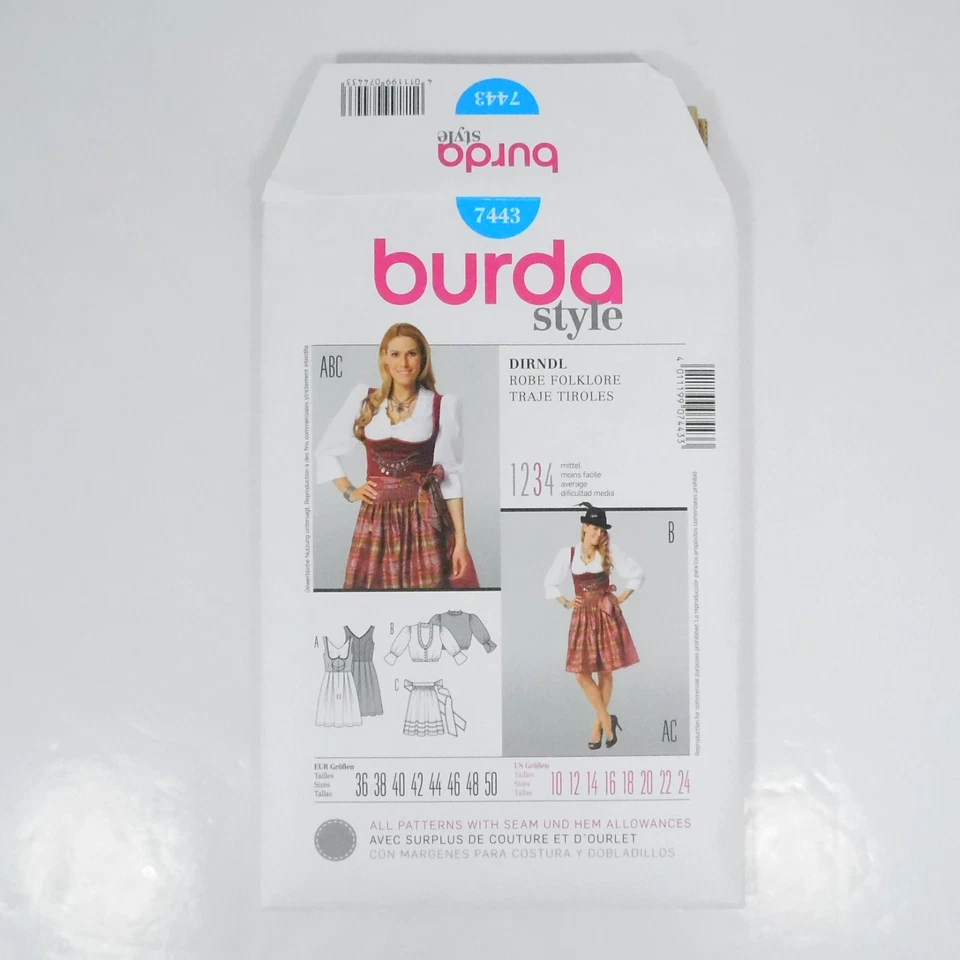Burda 7443 Misses Dirndl Costume Pattern Size 10-24 Uncut Apron Fitted Ruffles - Image 3 of 4