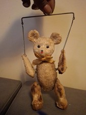 Mechanical Mohair Teddy Bear Flip Toy Antique Jointed 6" c1930 Circus Trapeze