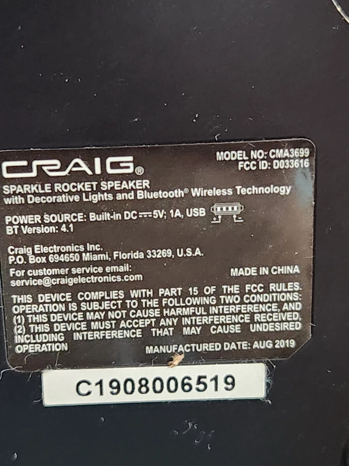 ALTAVOZ CRAIG SPARKLE ROCKET 3699 Brillo Color Cambio Luz Bluetooth 14" Foto 3 de 4