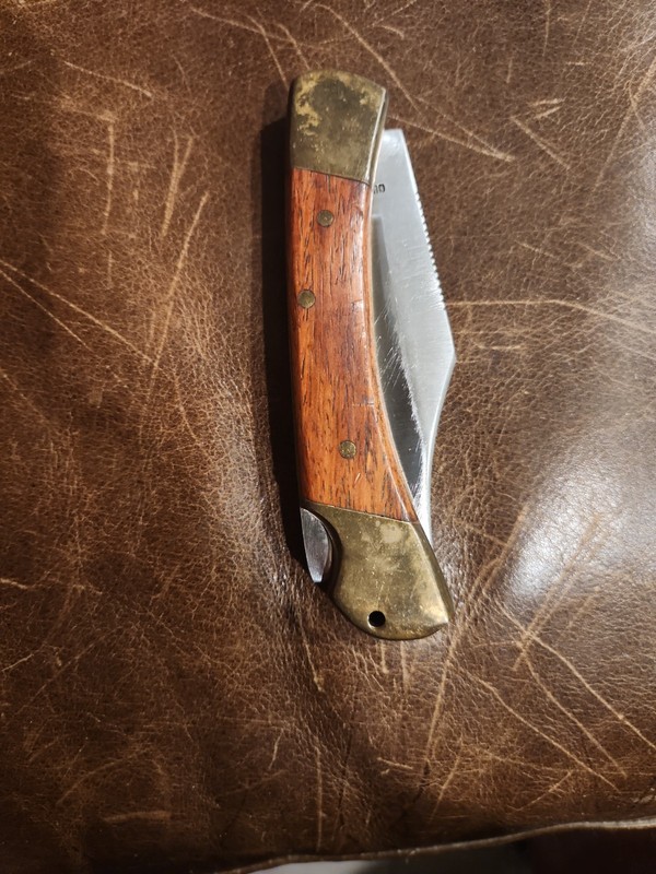 Vintage 3.5" blade Wood and Brass Folding Pocket Knife Medium Brown Wood Handle