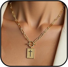Chunky Cross Paperclip Necklace for Women Gold Silver Cross Toggle Clasp Necklac