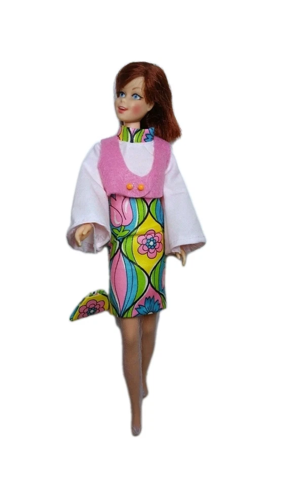 Francie 复古迷幻滴 70 年代风格连衣裙套装 - 手工制作娃娃衣服 — 第 3/4 张图片