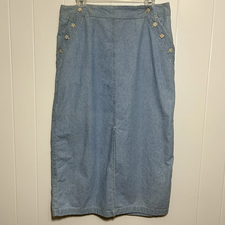 Ruff Hewn Chambray Denim Skirt Women 16 Midi Sailor Button Pockets Deep Slits - Image 2 of 4