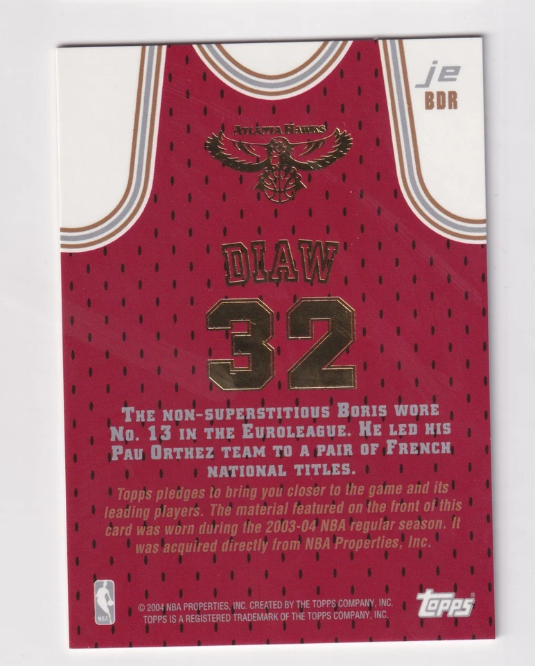 2003-04 Topps Jersey Edition GAME WORN MEMORABILIA RELIC JE-BDR BORIS DIAW Hawks - Image 2 of 2