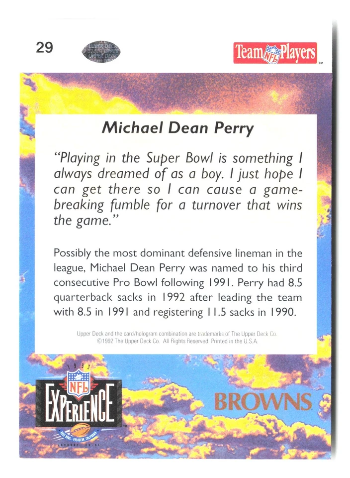 1993 Upper Deck NFL Experience #29 Michael Dean Perry - Image 2 of 2