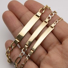 10K Yellow White Gold Diamond-Cut Figaro ID Bracelet All Sizes