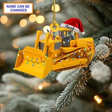 Custom Name Bulldozer With Santa Hat and 2D Christmas Lights Ornament,