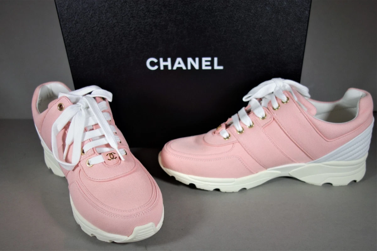 CHANEL 38.5 Salmon Pink Canvas Leather Lace Up Sneakers Tennis Shoes  Trainer NEW