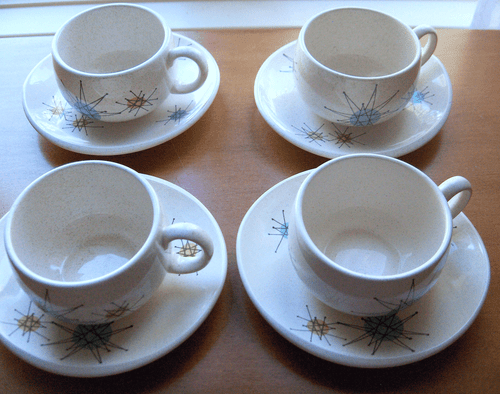 Franciscan Starburst Atomic 4 cups & saucers~Space Age~Midcentury Modern~Mint