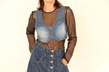 90s denim top, Vintage Cropped Wash button front fitted jean vest, Size M