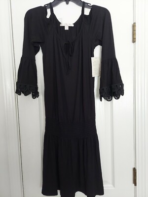 BOSTON PROPER LITTLE BLACK DRESS - LACE BELL SLEEVES - COLD SHOULDER - SIZE  XXS | eBay
