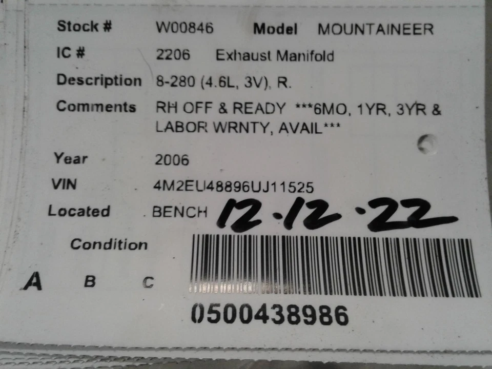 Colector de escape derecho usado se adapta a: Mercury Mountaineer 8-280 2006 4,6 L 3 V derecha G Foto 4 de 4