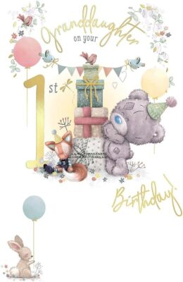 Bär und Stapel von Geschenken Enkelin alles Gute zum 1. Geburtstag Karte