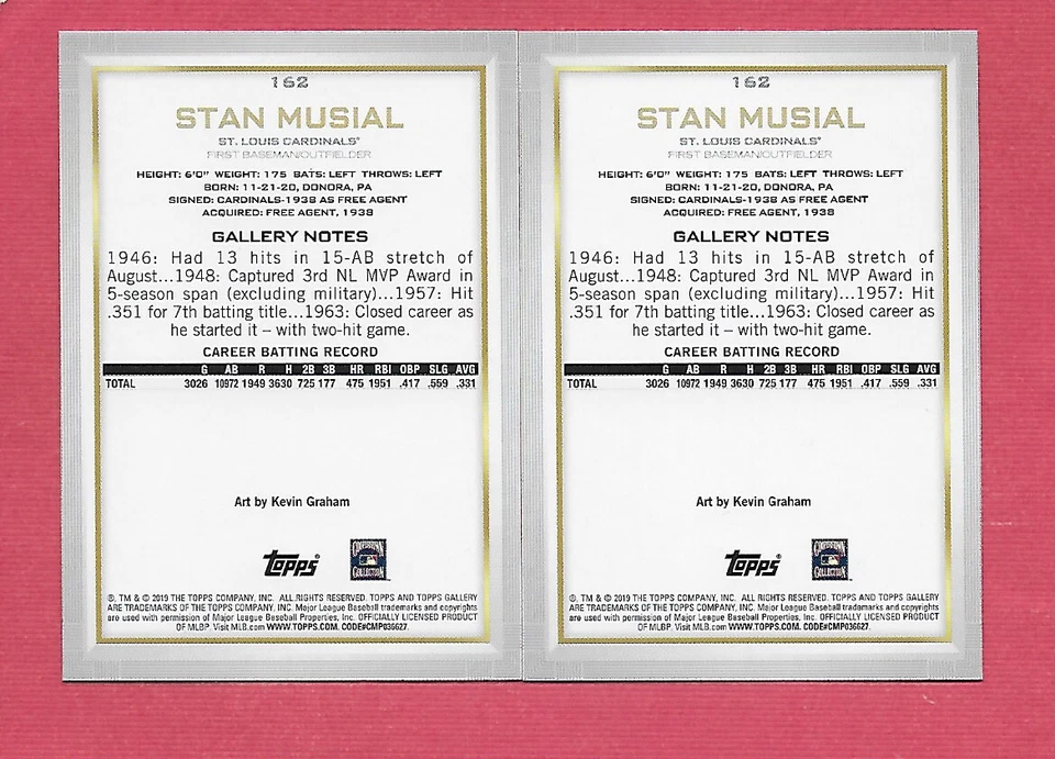 2019 Topps Gallery # 162 Stan Musial - Image 2 of 2