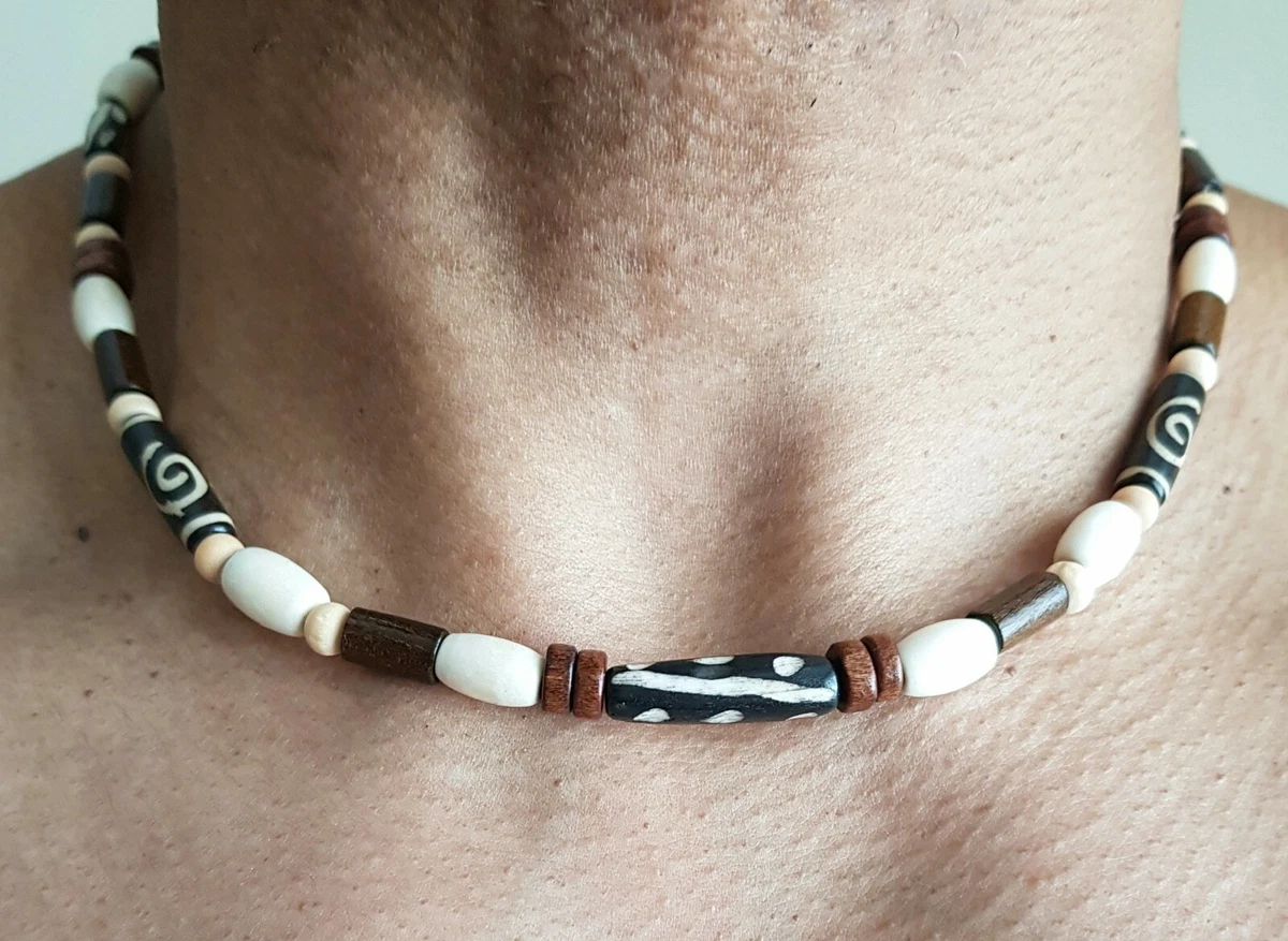 Mens beaded Necklace leather yak bone beads wood beads tribal surfer any size