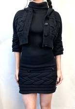 CHANEL 2pcs Black Knit Sweater Turtleneck Dress 38 Jacket 40 Wool Cashmere Small