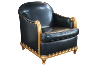 Grafton Furniture French Art Deco Black Leather & Gold Library Club Lounge Chair