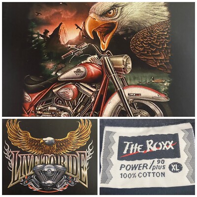 Vintage Motorcycle Single Stitch T Shirt The Roxx Live To Ride Black Size XL