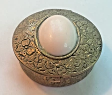 Vintage Pill Box Round Floral Embossed Gold Tone Hinged Lid Stone