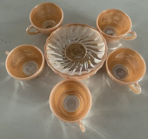Vintage Anchor Hocking Fire King Orange Cup/Saucer Retro Coffee or Tea Set of 5