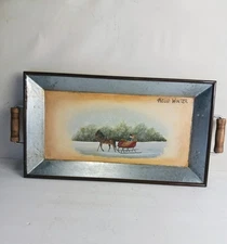 Metal Tray Hand Painted Primitive Folk Art Horse Sleigh Winter Decor   RJPE