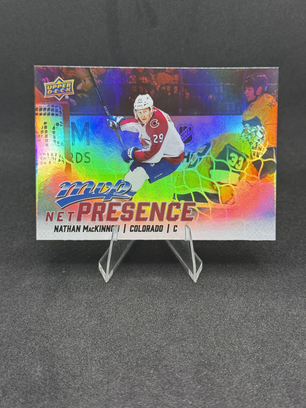 Nathan MacKinnon #NP-16 Hockey Cards 2025 Upper Deck MVP Net Presence trading card — raw and PSA graded price guide