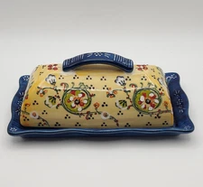 🔥 Anthropologie LYNA Hand Painted Floral Blue Yellow Covered Butter Dish 6.5”