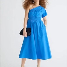 J. CREW Smocked One-shoulder Dress Cotton Poplin Cerulean Blue Sz XXS NWT {AA16}