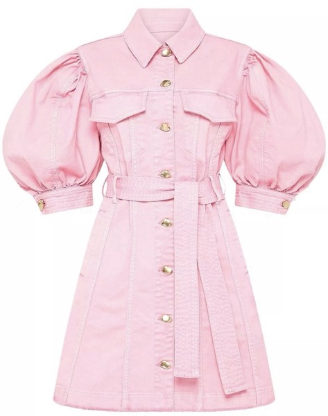 AJE Triada Denim Mini Dress Size 6 AU Pink Belt Button Puff Sleeve