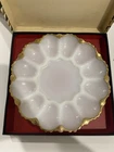 Vintage Anchor Hocking White Milk Glass Gold Trim Deviled Egg Dish 10" 26cm &Box