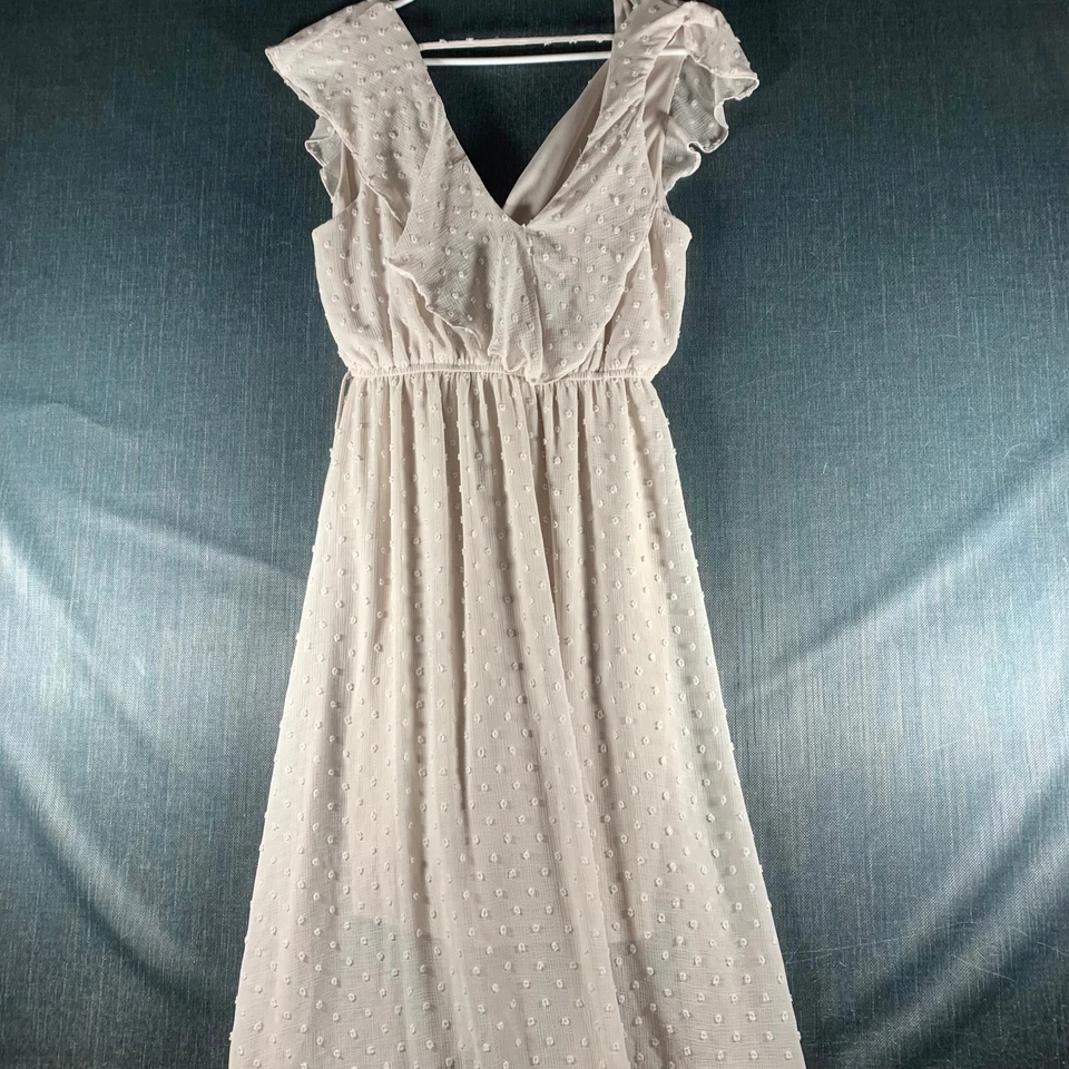 AQUA Women’s Maxi Dress Size L Ivory Swiss Dot Ruffle Sleeveless Lined Polyester - Image 4 of 4