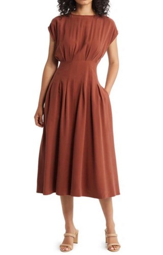 NWT Nordstrom Pleated Rust Henna Midi Dress Large R85