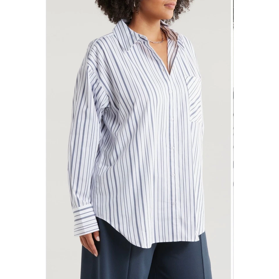 Camisa Nordstrom Rayas Algodón Popelina Botón-Up Blanca-Gris Rayas Naomi (Nueva) L Foto 2 de 4