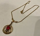 ART DECO STYLE GOLD FILLED VINTAGE PENDANT PINK EMERALD CUT STONE 20” NECKLACE