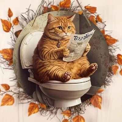Blechschild rund Katze auf Toilette mit Zeitung Vintage Metallschild TEL3910