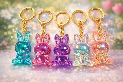 Set of 5 Sparkling Bunny Keychains   Colorful Crystal Rabbit Bag Charms
