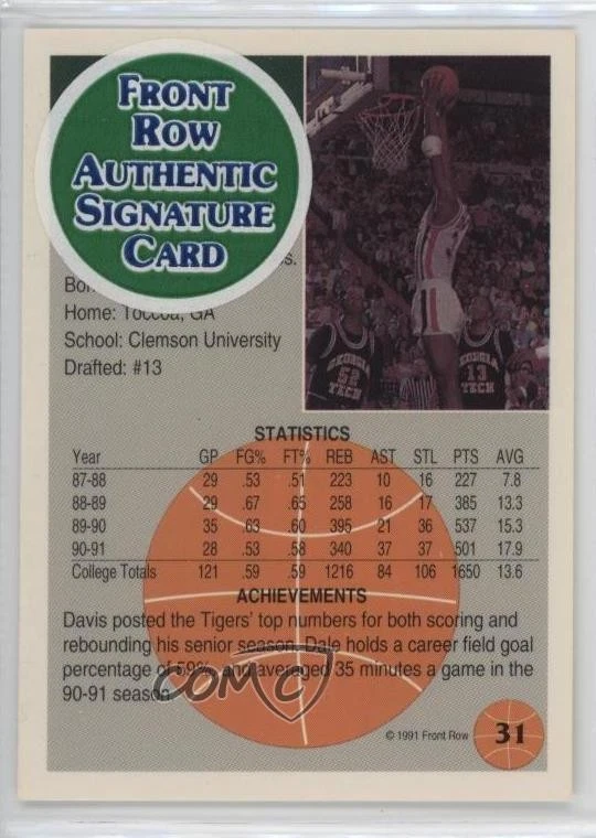 1991-92 Front Row Authentic Signatures Dale Davis #31 Rookie Auto RC - Image 2 of 2