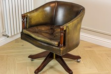 Antique Chesterfield Olive Brown Leather Captains Directors Swivel Desk Chair