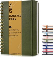 A5 Lined Spiral Journal Notebook 150 Numbered Pages 100 GSM Hardcover Olive