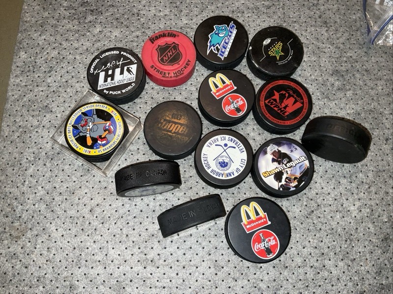 Ice Hockey Pucks, Mixed Lot Of 14 Used Hockey Pucks - NHL / Dragons/ Austin Ice