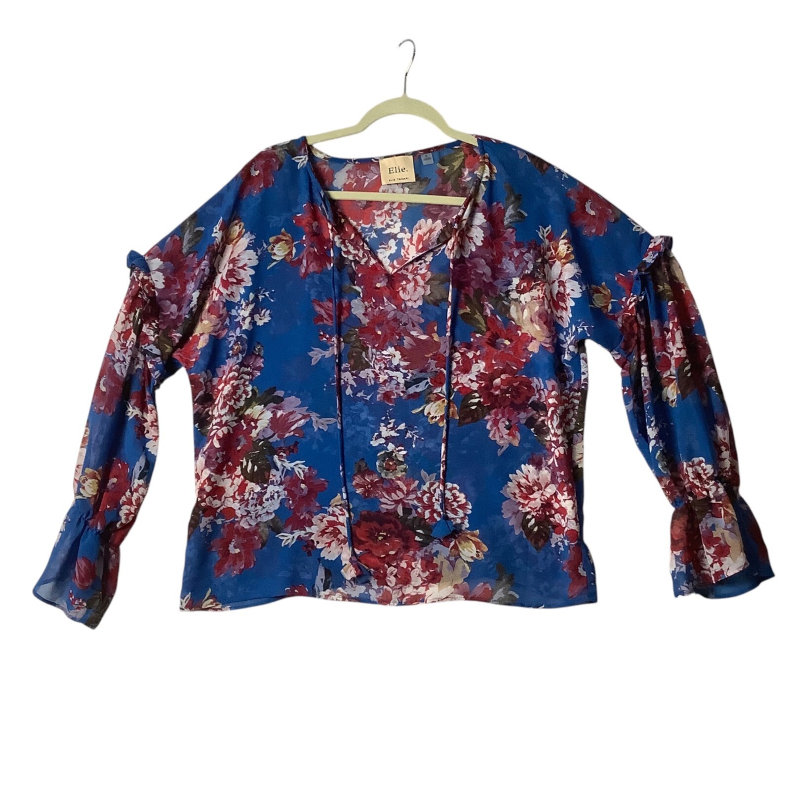 Elie Tahari Floral Chiffon Blouse Long Sleeves Ru… - image 1