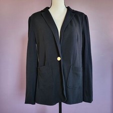 Size 12 LOFT Black Twill Knit Notched Lapel Shoulder Pad Single Button Blazer